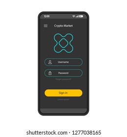 Cryptocurrency trade platform smartphone page template. Crypto market account sign in. Mobile app interface design layout. Login, sign up screen. Flat UI application. User registration. Phone display