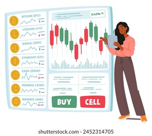 Cryptocurrency Trader Girl Character Use Trading Apps To Buy, Sell And Manage Digital Assets In Stock Market, Leveraging Real-time Data And Analysis For Informed Decisions. Cartoon Vector Illustration