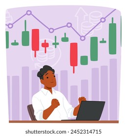 Cryptocurrency Trader Male Character Sits At A Desk With A Laptop, Making A Yes Gesture, Likely Indicating A Profitable Trade, Triumph Or Successful Decision. Cartoon People Vector Illustration