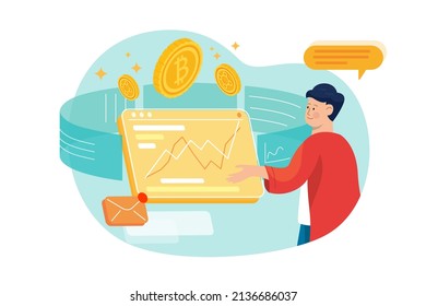 Cryptocurrency Traders checking Bitcoin report Illustration concept. Flat illustration isolated on white background.