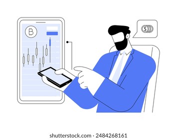 Cryptocurrency trading app abstract concept vector illustration. Man with smartphone using crypto exchange app, CFD account, coins growth, blockchain technology, raising money abstract metaphor.