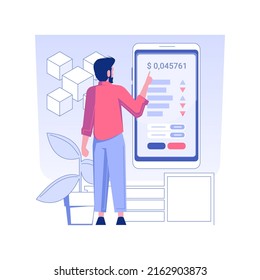 Cryptocurrency trading app isolated concept vector illustration. Man with smartphone using crypto exchange app, CFD account, coins growth, blockchain technology, raising money vector concept.