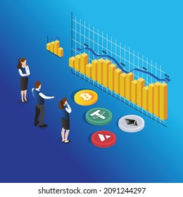 Cryptocurrency trade bar chart isométrico concepto vectorial 3d para banner, sitio web, ilustración, página de aterrizaje, volante, etc.