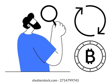 Cryptocurrency trading, blockchain analysis, financial technology, digital assets, investment research, online payment. Person holding magnifying glass with Bitcoin icon and exchange arrows