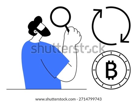 Cryptocurrency trading, blockchain analysis, financial technology, digital assets, investment research, online payment. Person holding magnifying glass with Bitcoin icon and exchange arrows