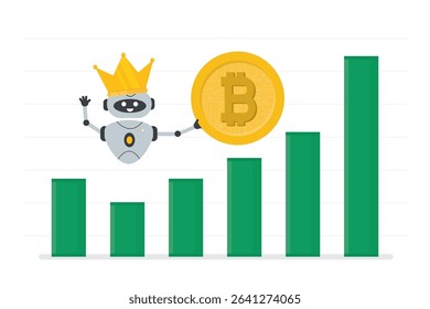Cryptocurrency trading bot. Number one, first place, bot trades on cryptocurrency market. Bitcoin trading bot makes money. Best bot in crown holds bitcoin. Financial technologies. Vector illustration