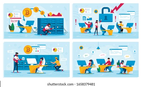 Cryptocurrency Trading Business, Online Security Trendy Flat Vector Concepts Set. Man Servicing Mining Farm, Employees in Panic Because of Virus, Miners Team, Developers Working in Office Illustration