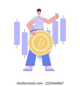 Cryptocurrency trading. Character with a coin on the background of the auction. Vector illustration in a flat style