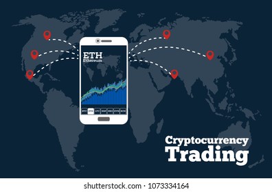 Cryptocurrency trading concept with online chart on smartphone screen. Digital money, blockchain technology, financial exchange stock, mobile application for cryptocurrency invest vector illustration.
