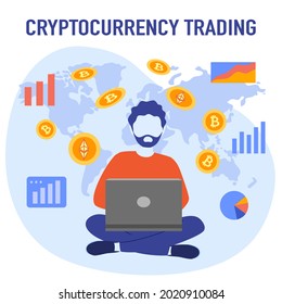 Cryptocurrency trading concept vector illustration. Investor trading Bitcoin and ethereum with laptop computer in flat design.