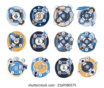 Cryptocurrency trading concept vector set. Investor trading Bitcoin and ethereum with laptop computer. Crypto currency mining, Blockchain technology. Digital cyber banking, ecurrency transactions