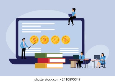 Cryptocurrency trading courses, crypto trade academy 2d flat vector illustration