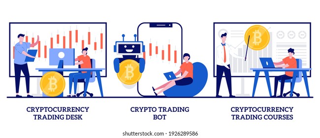 Cryptocurrency trading desk and courses, crypto trading bot concept with tiny people. Cryptocurrency market vector illustration set. Financial exchange, digital tokens, blockchain technology metaphor.