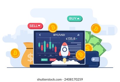 Cryptocurrency trading and growing concept flat illustration vector template, Bitcoin rising, Stock exchange scene with laptop, chart, numbers and SELL and BUY options, Crypto investment strategy