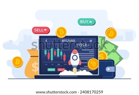 Cryptocurrency trading and growing concept flat illustration vector template, Bitcoin rising, Stock exchange scene with laptop, chart, numbers and SELL and BUY options, Crypto investment strategy