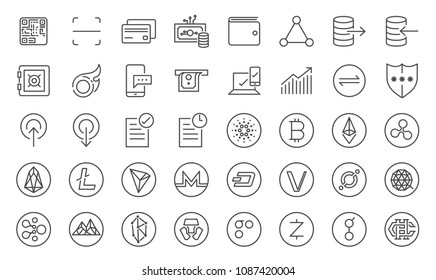 Cryptocurrency trading icon set. Included the icons as crypto coins, digital currency market, online trade, Blockchain, digital wallet, token, transaction and more