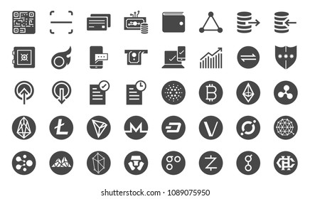 Cryptocurrency trading icon set. Included the icons as crypto coins, digital currency market, online trade, Blockchain, digital wallet, token, transaction and more.