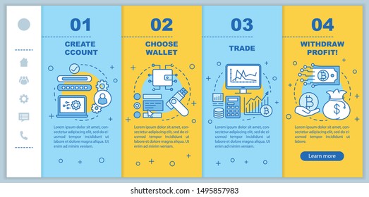 Cryptocurrency trading onboarding mobile web pages vector template. Crypto exchange service. Responsive smartphone website interface idea with linear illustrations. Webpage walkthrough step screens