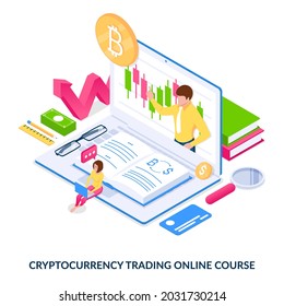 Cryptocurrency trading online course. Concept. A girl remotely learns how to trade on a cryptocurrency exchange. Isometric vector illustration on white background.