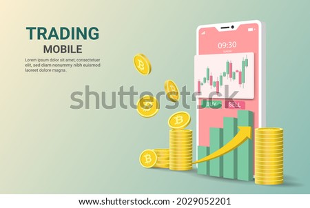 Cryptocurrency trading online on mobile phone screen. Bitcoin cryptocurrency. Growing financial index. Global stock exchanges index.
online trading. Forex trading concept. Vector illustration