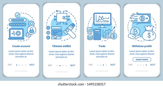 Cryptocurrency trading platform onboarding mobile app page screen with linear concepts. Crypto exchange service walkthrough blue steps graphic instructions. UX, UI, GUI template with illustrations
