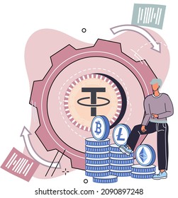 Cryptocurrency trading platform, open-source marketplace. Man analyzes stock market of tether. Investment in cryptocurrency and blockchain technology. Mining and exchange of digital currency.