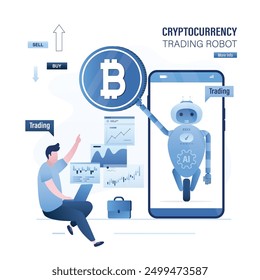 Cryptocurrency trading robot helps trader to make profitable trades. Bot in mobile application support to businessman and gives trading signals to buy and sell bitcoin. Successful crypto investor.