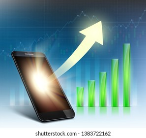 Cryptocurrency trading. Stock Exchange. Graph and arrow sign on the smartphone screen. Vector illustration.