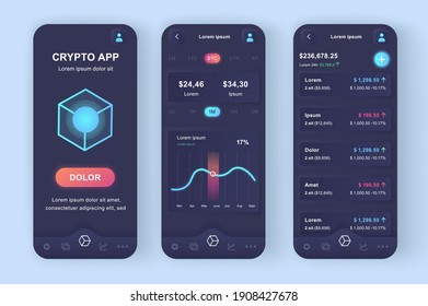 Cryptocurrency trading unique neomorphic design kit. Digital wallet, online cryptocurrency stock trading and exchange. UI UX templates set. Vector illustration of GUI for responsive mobile app.
