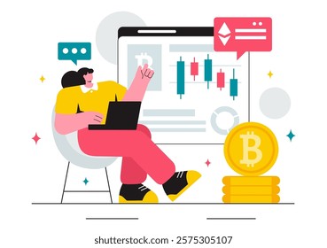 Cryptocurrency Trading Vector Illustration featuring a Pile of Coins, a Digital Currency Wallet, Blockchain Technology, and Bitcoin in a Background