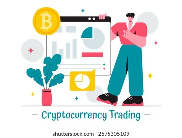 Cryptocurrency Trading Vector Illustration featuring a Pile of Coins, a Digital Currency Wallet, Blockchain Technology, and Bitcoin in a Background