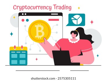 Cryptocurrency Trading Vector Illustration featuring a Pile of Coins, a Digital Currency Wallet, Blockchain Technology, and Bitcoin in a Background