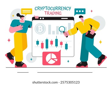 Cryptocurrency Trading Vector Illustration featuring a Pile of Coins, a Digital Currency Wallet, Blockchain Technology, and Bitcoin in a Background