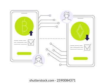 Cryptocurrency transaction abstract concept vector illustration. Process on cryptocurrency transaction on the screen, blockchain technology, money investment, financial literacy abstract metaphor.