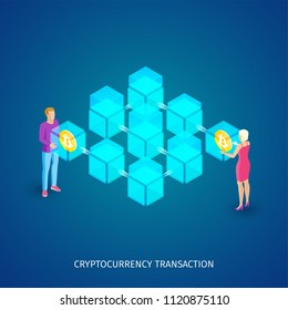 Cryptocurrency transaction concept. Two people make a deal using blockchain. Isometric composition. Highly detailed vector illustration