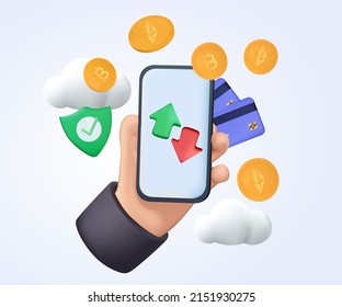 Cryptocurrency transaction and Mobile banking infographic. Send money. Bitcoin digital wallet. E-payment 3d concept. International money transfer isometric vector illustration. Mobile payments.