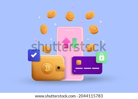 Cryptocurrency transaction and Mobile banking infographic. Send money. Bitcoin digital wallet. E-payment 3d concept. International money transfer isometric vector illustration