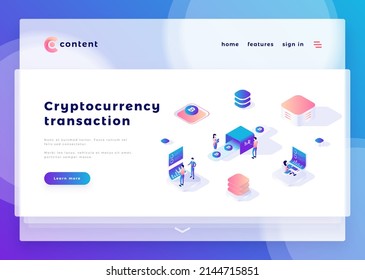 Cryptocurrency transaction office people and interact with computers. Landing page template. 3d isometric vector illustration.