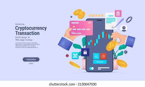 Cryptocurrency transaction online on Mobile App - Mobile banking or wallet. Transferring money or bitcoins via smartphone. 3D crypto wallet concept. Cryptocurrency trading with bitcoin and E-payment	
