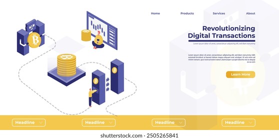Plantilla de diseño de página de destino de Web de transacciones de criptomonedas. transacciones digitales.