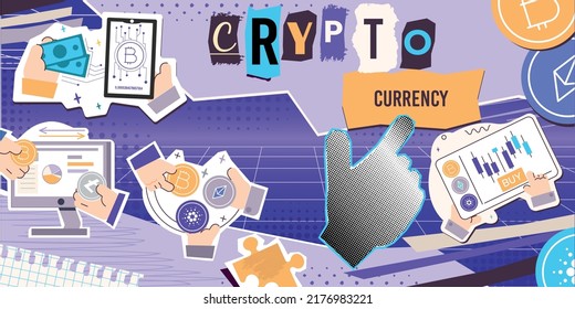 Cryptocurrency transactions flat collage background with puzzle pieces ornate letters and stickers with hands and gadgets vector illustration