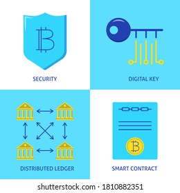 Cryptocurrency transactions icon set in flat style. Bitcoin security, distributed ledger, digital key and smart contract symbols. Vector illustration.
