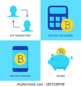 Icono de transacciones de criptodivisa establecido en estilo plano. Calculadora de bitcoin, transferencia p2p, banco de cerdos y símbolos de pago móvil. Ilustración vectorial.