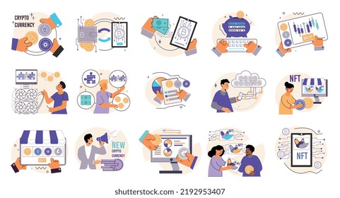 Cryptocurrency transactions set with isolated compositions of flat icons with people money gadgets and modern technologies vector illustration