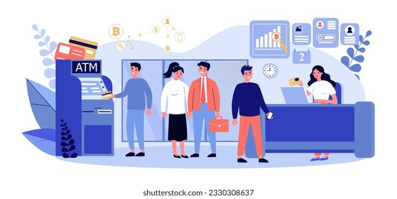 Cryptocurrency transactions via banking or financial services. People exchanging currency in ATM or bank vector illustration. Fintech, cryptocurrency, finances, banking concept