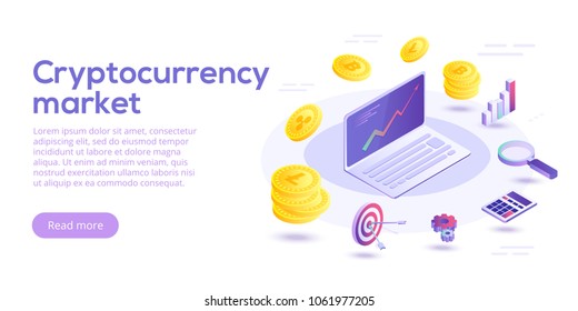 Cryptocurrency transfer isometric vector concept illustration. Digital crypto currency exchange or transaction process background. Blockchain network business layout. Online payment or mining process.