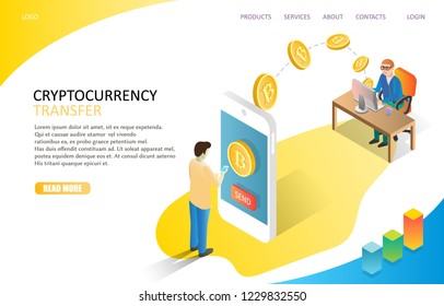 Cryptowährung Transfer-Website-Vorlage. Vektorisometrische Illustration von Menschen, die Bitcoins an einen anderen Mann über Smartphone senden. Bitcoin Digital Currency Transaction Konzept.