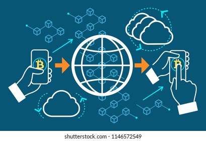 Cryptocurrency transfer technology. Bitcoin sending infographic, blockchain exchange send concept vector illustration