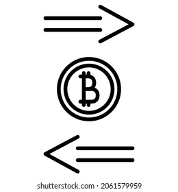 Cryptocurrency turnover. The Bitcoin symbol and the forward and backward arrows. Icon, vector, outline, isolated, 48 pixel. Editable stroke.