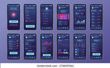 Cryptocurrency unique design kit for mobile app. Bitcoin mining screens with progress charts and financial analytics. Cryptocurrency platform UI, UX templates. GUI for responsive mobile application.